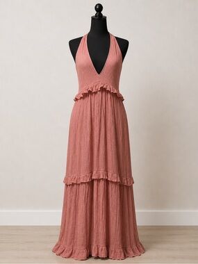 S-CHICO Dusty Rose Maxi Dress Boho Tiered Ruffle Halter Style